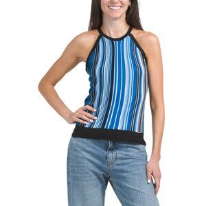 ELIE BY ELIE TAHARI Blue Combo Strapped Halter Neck Striped Tank Top
